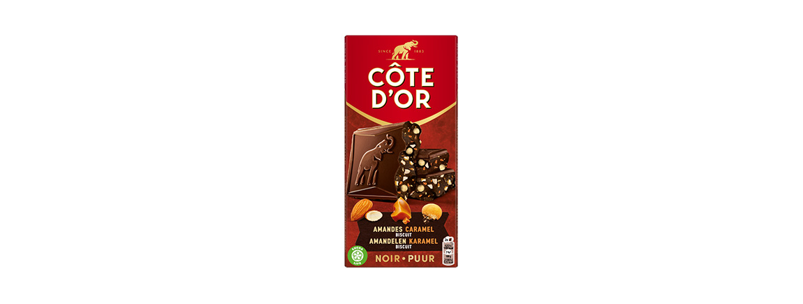 Côte d'Or Ultra gourmand Noir, amandes, caramel & éclats de biscuit