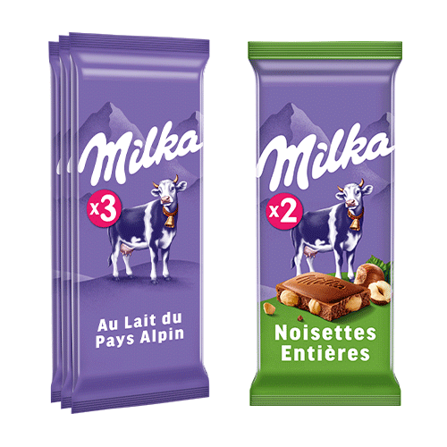 Milka Tablettes Lait alpin x3 + Noisettes entières x2