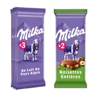 Milka Tablettes Lait alpin x3 + Noisettes entières x2