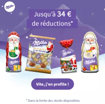 Des biscuits de Noël Milka et le texte « 34€ de de réductions »