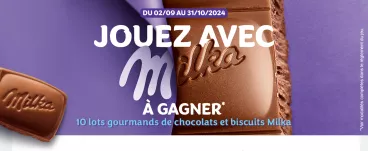 Un fond violet avec des produits Milka qui entourent le texte