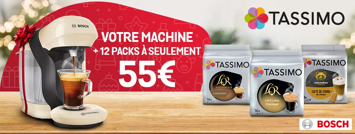 Une machine et des packs Tassimo sur un plan de travail aux couleurs de Noël 