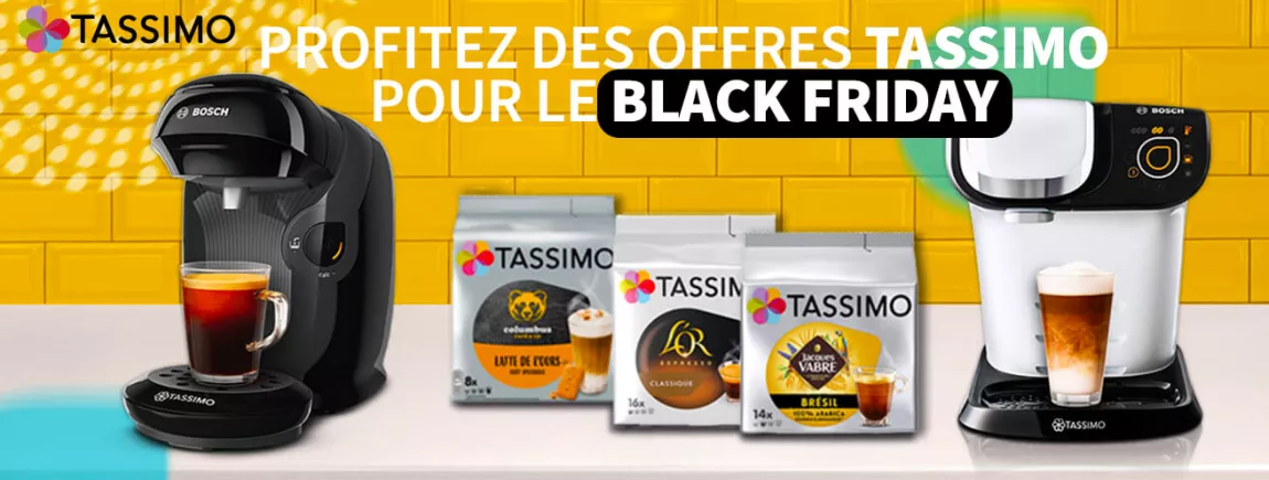 Fond orange avec machines et packs Tassimo ainsi que logo Tassimo