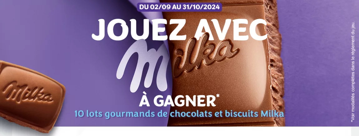 Un fond violet avec des produits Milka qui entourent le texte