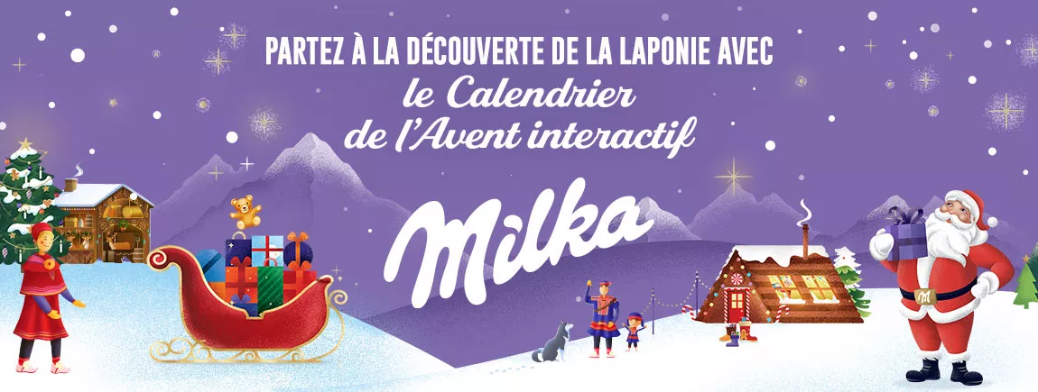 Un fond violet avec un traineau, un chalet et un Père Noël