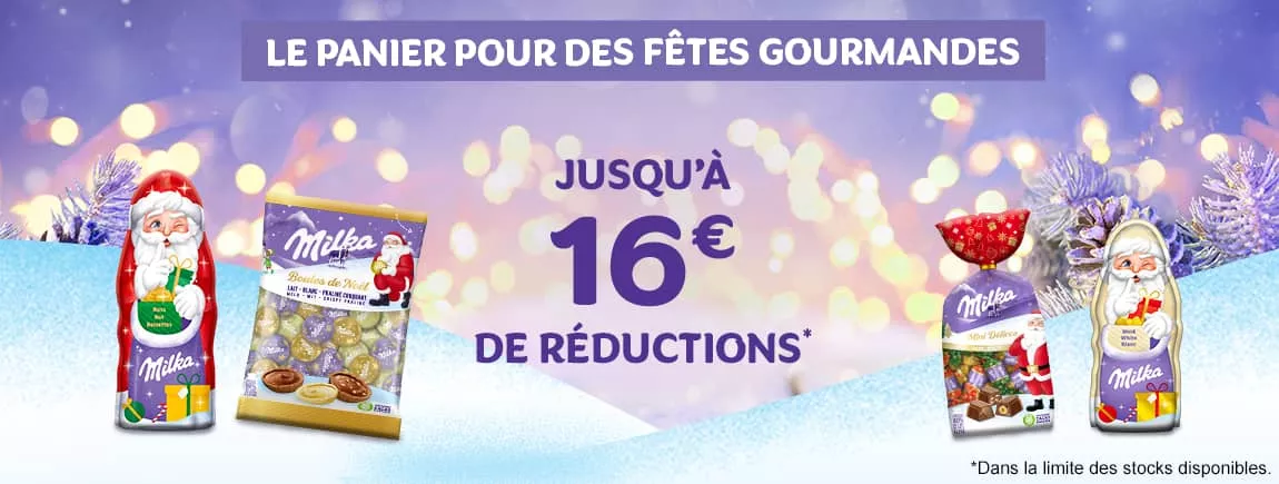 Des packs de chocolats de Noël Milka dans la neige