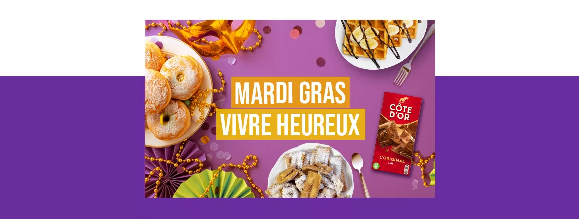 Tablette de chocolat Côte d’Or avec des plats de beignets, de bugnes et de waffles au thème de Mardi Gras.