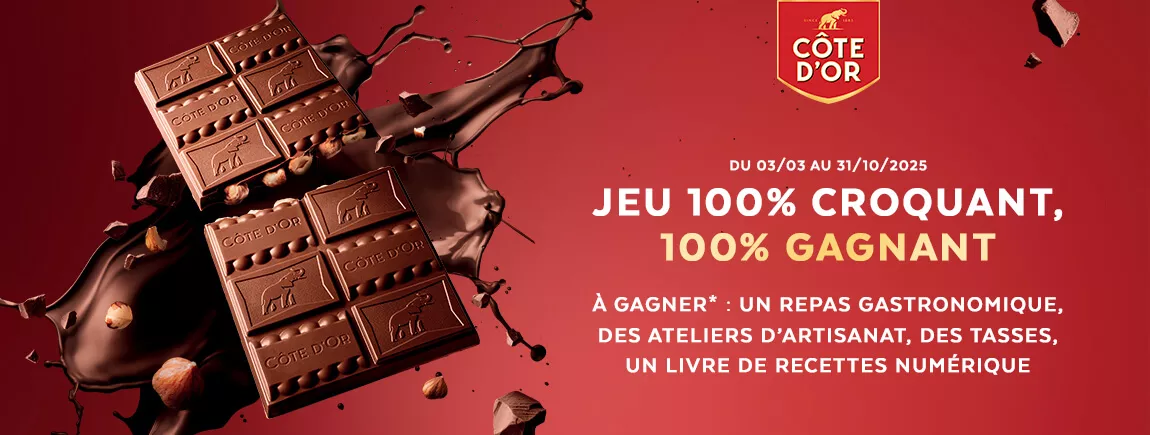 Une tablette de chocolat Côte d’Or et une liste des lots à gagner sur le jeu